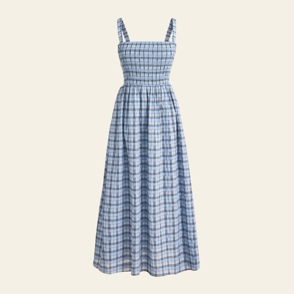 J. Crew Smocked sleeveless dress in textured plaid midi size Small